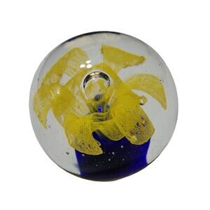 Small White Blue and Yellow Flower Clear Glass Paperweight